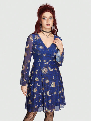 ROMWE Hippie Women'S Mesh Flare Sleeve Dress With Sun, Moon And Star Pattern