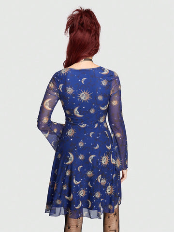 ROMWE Hippie Women'S Mesh Flare Sleeve Dress With Sun, Moon And Star Pattern