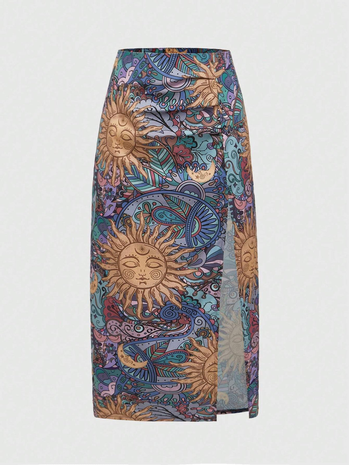 ROMWE Hippie Women Random Printed Simple Style Daily Wear Split Long Skirt
