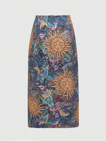 ROMWE Hippie Women Random Printed Simple Style Daily Wear Split Long Skirt