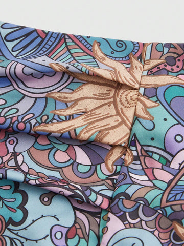 ROMWE Hippie Women Random Printed Simple Style Daily Wear Split Long Skirt