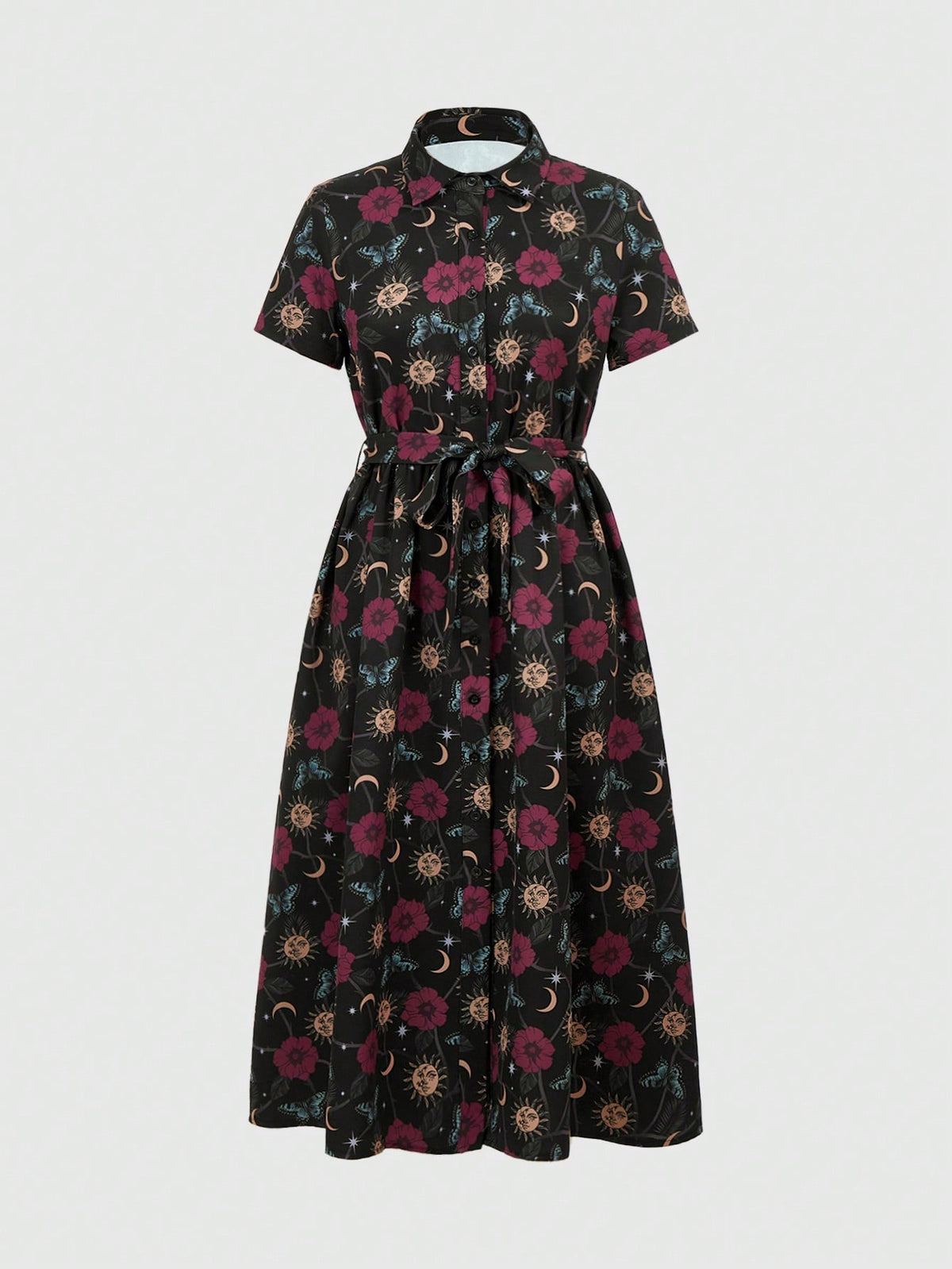 ROMWE Hippie Women's Floral And Sun Print Button Front Belted Dress