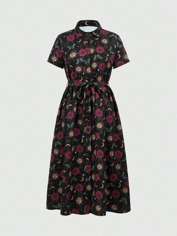 ROMWE Hippie Women's Floral And Sun Print Button Front Belted Dress