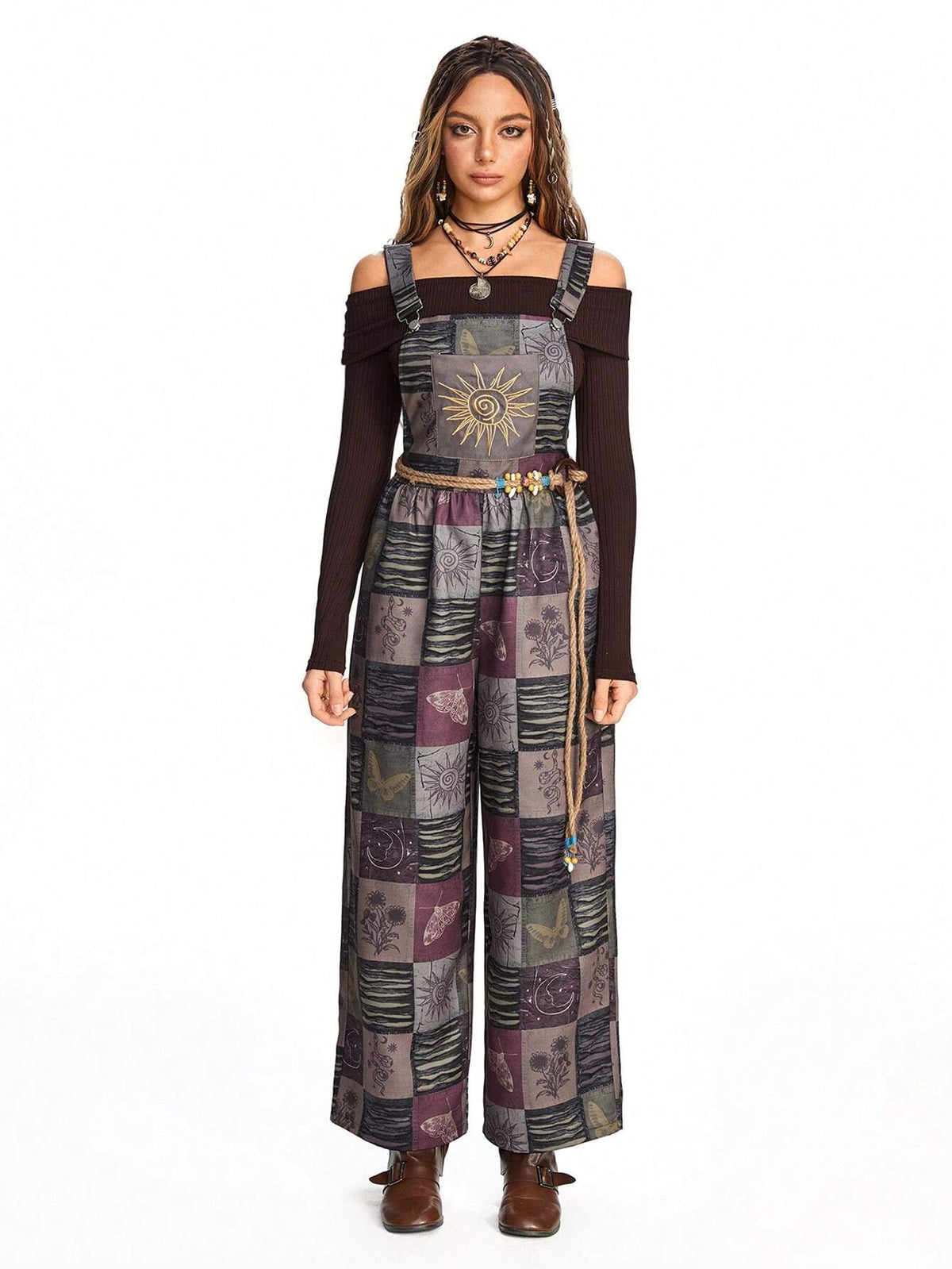 ROMWE Hippie Women's Hippie Plaid & Moth Sunflower Print Jumpsuit