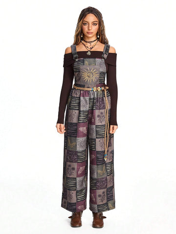 ROMWE Hippie Women's Hippie Plaid & Moth Sunflower Print Jumpsuit