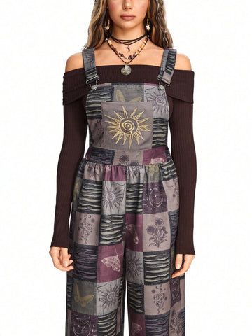 ROMWE Hippie Women's Hippie Plaid & Moth Sunflower Print Jumpsuit