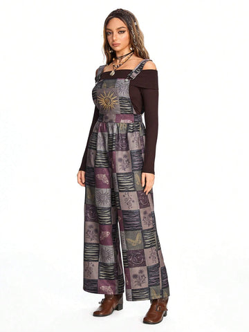 ROMWE Hippie Women's Hippie Plaid & Moth Sunflower Print Jumpsuit