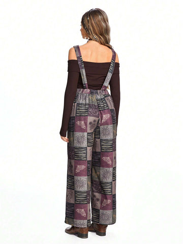 ROMWE Hippie Women's Hippie Plaid & Moth Sunflower Print Jumpsuit