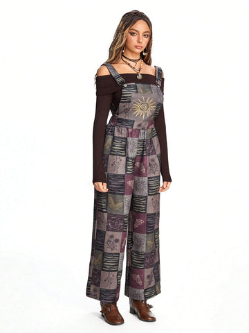 ROMWE Hippie Women's Hippie Plaid & Moth Sunflower Print Jumpsuit