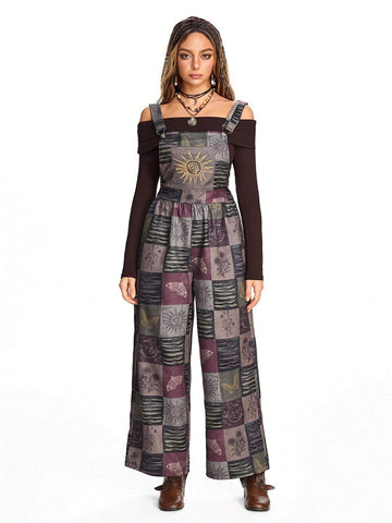 ROMWE Hippie Women's Hippie Plaid & Moth Sunflower Print Jumpsuit