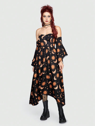 ROMWE Hippie Women's Off Shoulder Sun, Moon, Stars Print Asymmetric Hem Flare Sleeve Dress