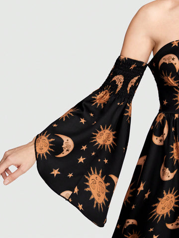 ROMWE Hippie Women's Off Shoulder Sun, Moon, Stars Print Asymmetric Hem Flare Sleeve Dress
