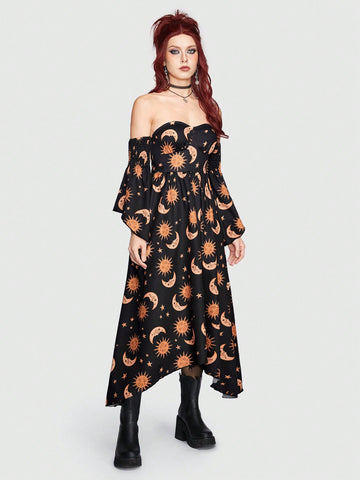 ROMWE Hippie Women's Off Shoulder Sun, Moon, Stars Print Asymmetric Hem Flare Sleeve Dress