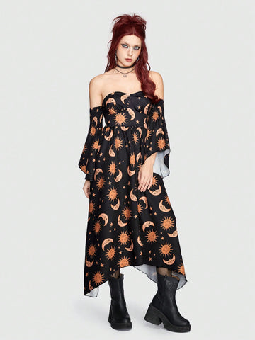 ROMWE Hippie Women's Off Shoulder Sun, Moon, Stars Print Asymmetric Hem Flare Sleeve Dress