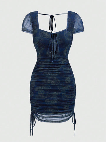 ROMWE Hippie Women's Paisley Print Patchwork Sheer Mesh Belted Dress