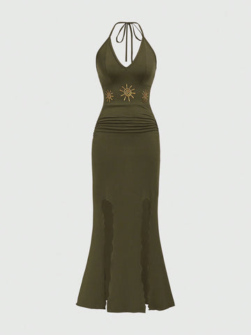 ROMWE Hippie Women's Simple Embroidery Halter Neck Daily Dress