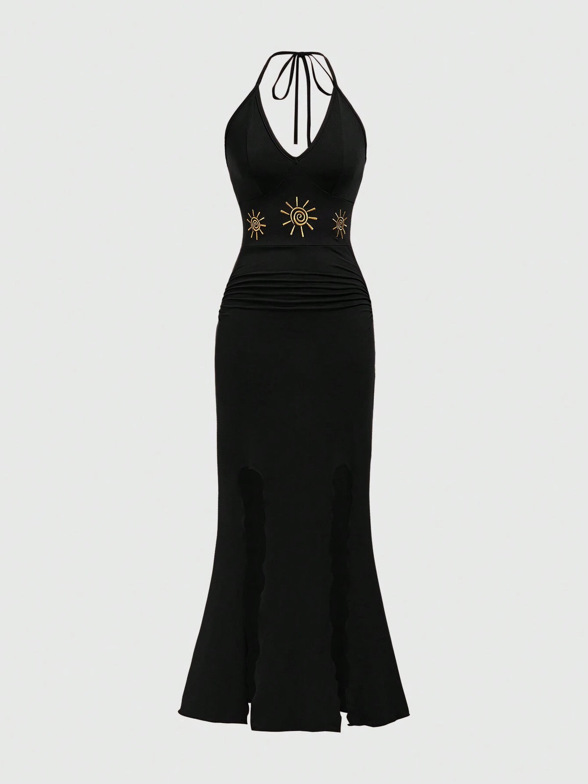 ROMWE Hippie Women's Summer Elegant Sun Embroidery Ruched Waist Slit Backless Halter Dress