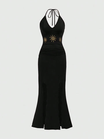 ROMWE Hippie Women's Summer Elegant Sun Embroidery Ruched Waist Slit Backless Halter Dress