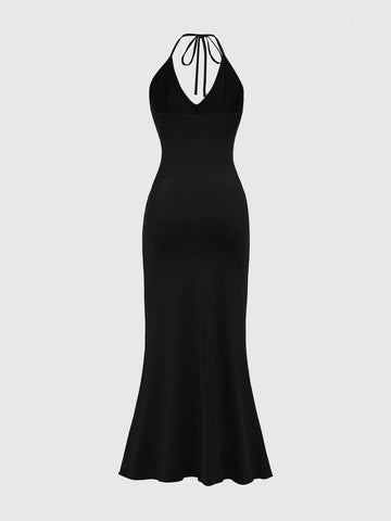 ROMWE Hippie Women's Summer Elegant Sun Embroidery Ruched Waist Slit Backless Halter Dress