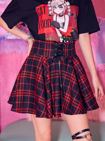 ROMWE J-Fashion Plaid Lace Up Skirt