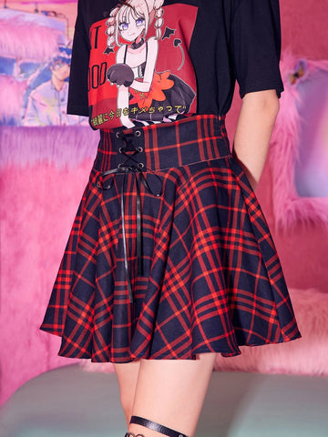 ROMWE J-Fashion Plaid Lace Up Skirt