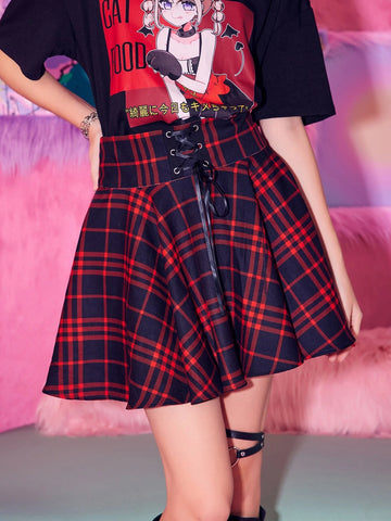 ROMWE J-Fashion Plaid Lace Up Skirt