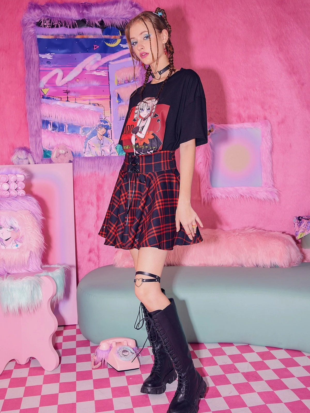 ROMWE J-Fashion Plaid Lace Up Skirt