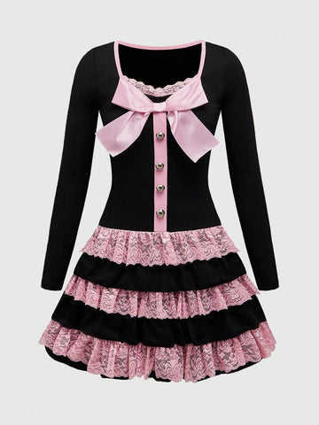 ROMWE J-Fashion Y2K Harajuku Style Bowknot Decor Smock Dress