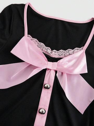 ROMWE J-Fashion Y2K Harajuku Style Bowknot Decor Smock Dress