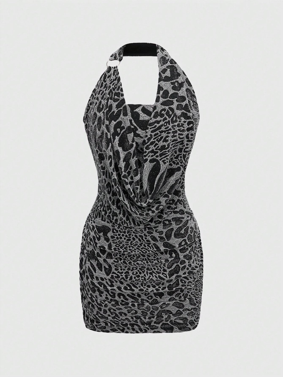 ROMWE J-Fashion Y2K Leopard Print Plunge Neck Metal Ring Design Textured Metallic Bodycon Mini Party Dress For Women