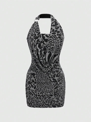 ROMWE J-Fashion Y2K Leopard Print Plunge Neck Metal Ring Design Textured Metallic Bodycon Mini Party Dress For Women