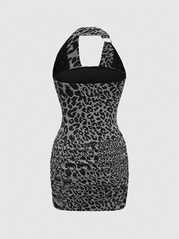 ROMWE J-Fashion Y2K Leopard Print Plunge Neck Metal Ring Design Textured Metallic Bodycon Mini Party Dress For Women