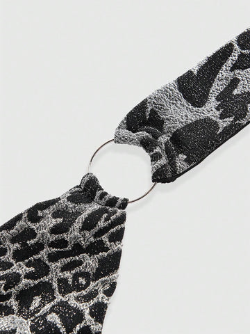 ROMWE J-Fashion Y2K Leopard Print Plunge Neck Metal Ring Design Textured Metallic Bodycon Mini Party Dress For Women