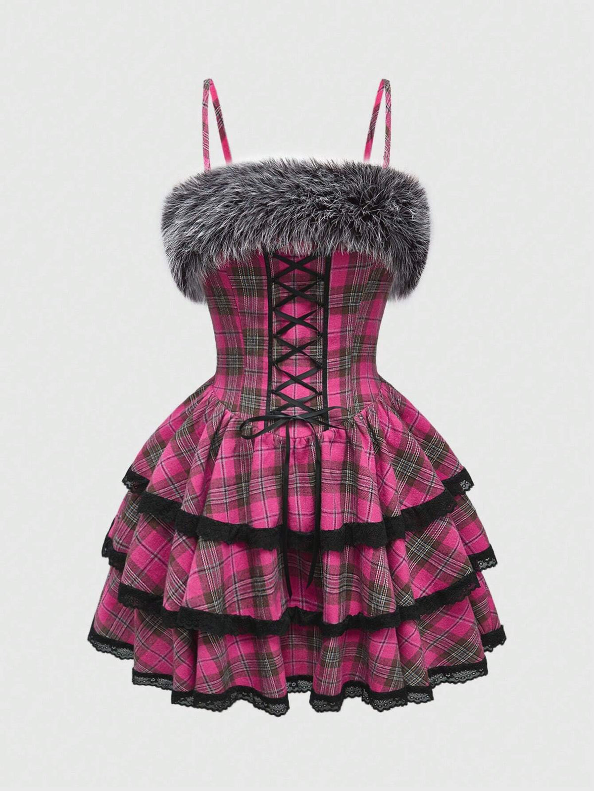 ROMWE J-Fashion Y2K Shibuya Girl Oversized Bow & Lace Trim Plaid Cake Skirt For Women