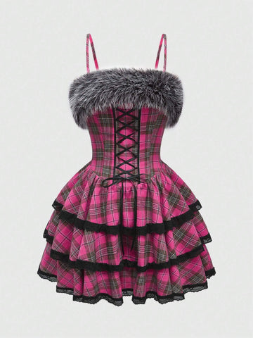 ROMWE J-Fashion Y2K Shibuya Girl Oversized Bow & Lace Trim Plaid Cake Skirt For Women