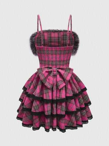 ROMWE J-Fashion Y2K Shibuya Girl Oversized Bow & Lace Trim Plaid Cake Skirt For Women