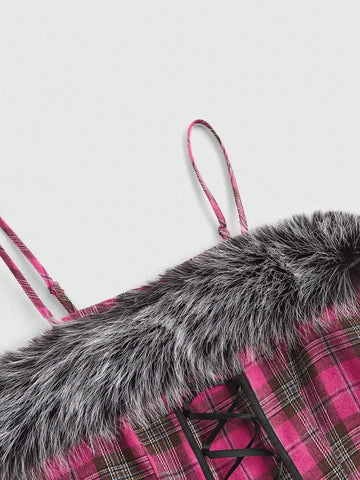 ROMWE J-Fashion Y2K Shibuya Girl Oversized Bow & Lace Trim Plaid Cake Skirt For Women