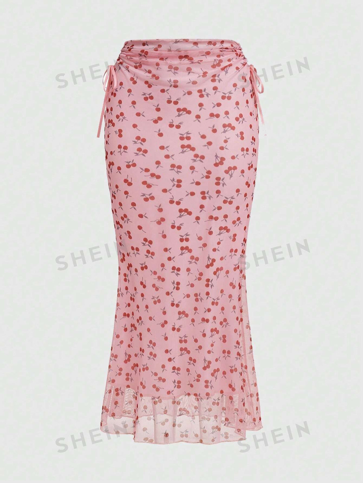 ROMWE Kawaii Cherry Printed Drawstring Waist Skirt