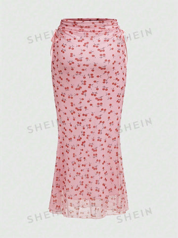 ROMWE Kawaii Cherry Printed Drawstring Waist Skirt