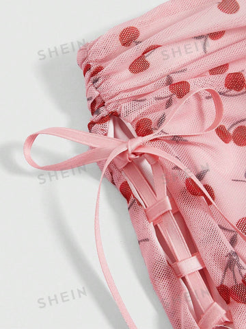 ROMWE Kawaii Cherry Printed Drawstring Waist Skirt