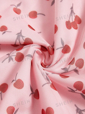 ROMWE Kawaii Cherry Printed Drawstring Waist Skirt