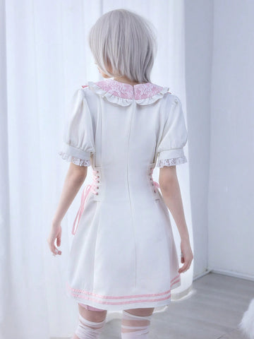 ROMWE Kawaii Cute Lolita Style Lace Patchwork A-Line Waist Cinched Mini Dress, Anime/Kawaii
