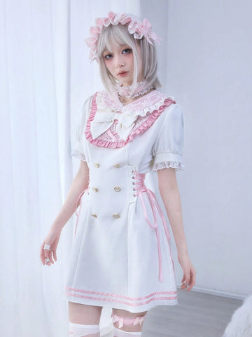 ROMWE Kawaii Cute Lolita Style Lace Patchwork A-Line Waist Cinched Mini Dress, Anime/Kawaii