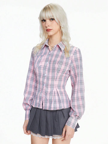 Cute Pink Plaid Slim Fit Blouse For Ladies