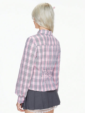 Cute Pink Plaid Slim Fit Blouse For Ladies