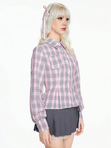 Cute Pink Plaid Slim Fit Blouse For Ladies