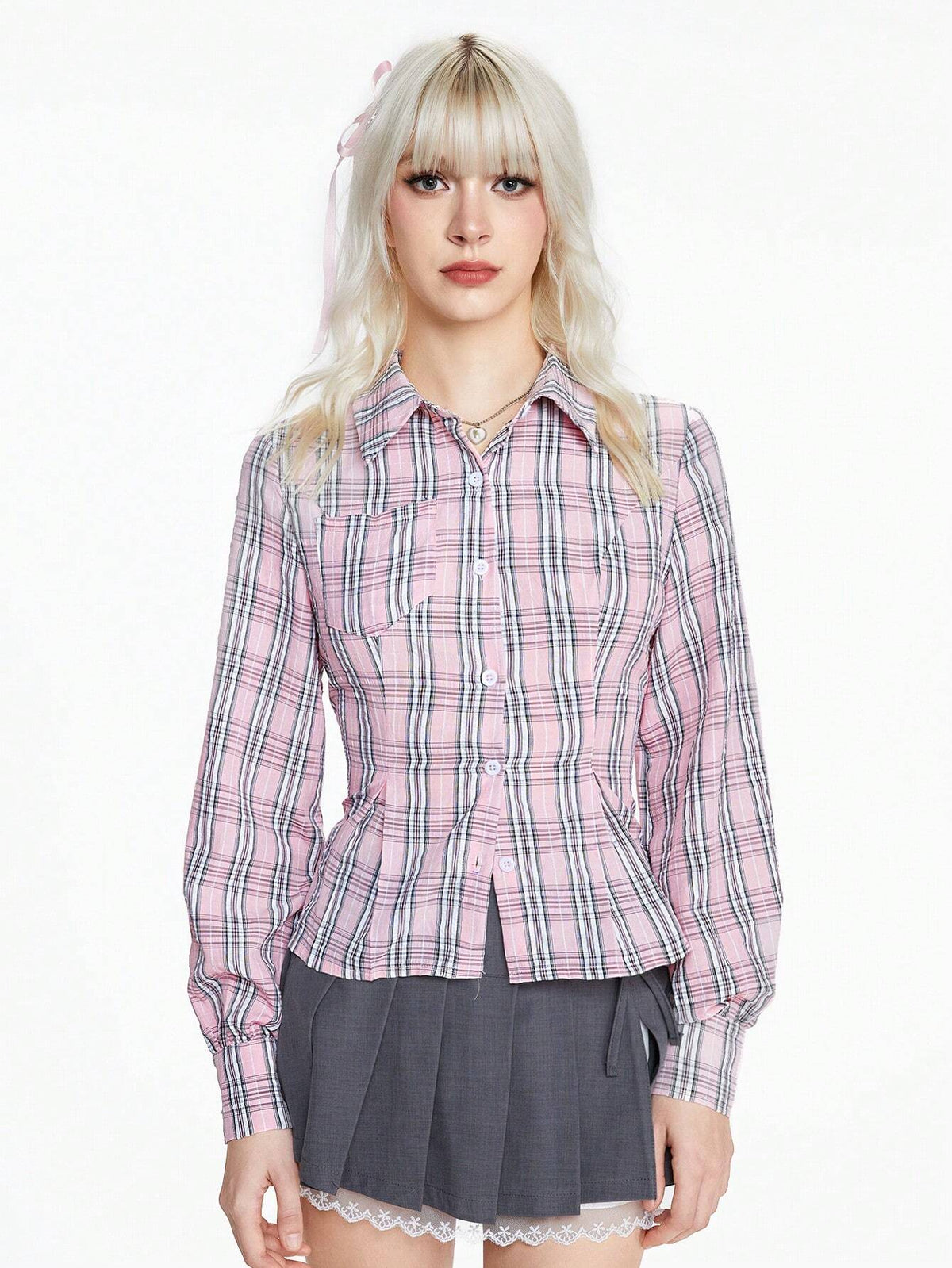 Cute Pink Plaid Slim Fit Blouse For Ladies