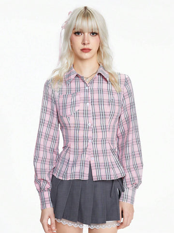 Cute Pink Plaid Slim Fit Blouse For Ladies