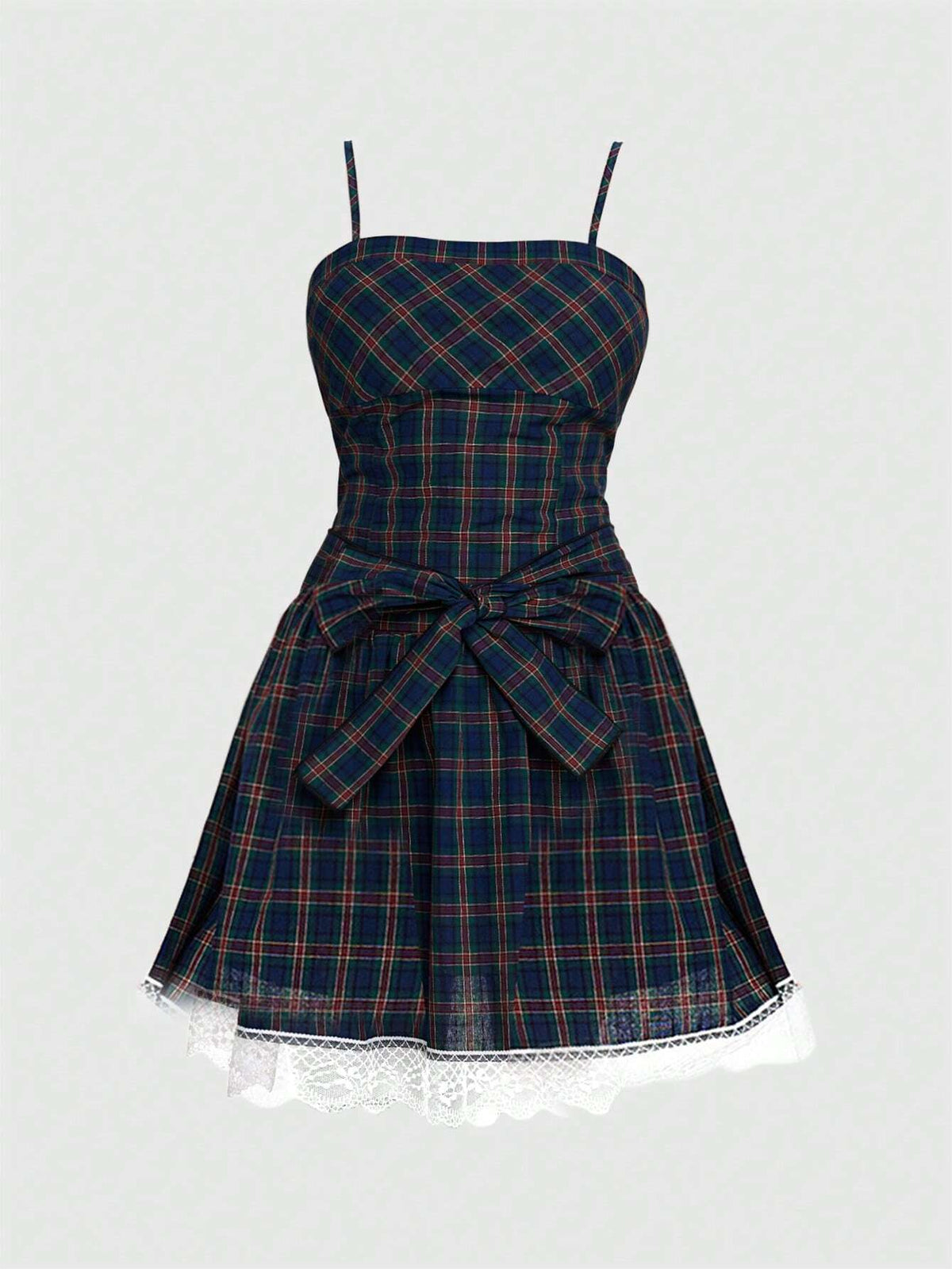 ROMWE Kawaii Cute Vintage Plaid Bow Tie Fitted A-Line Dress For Women