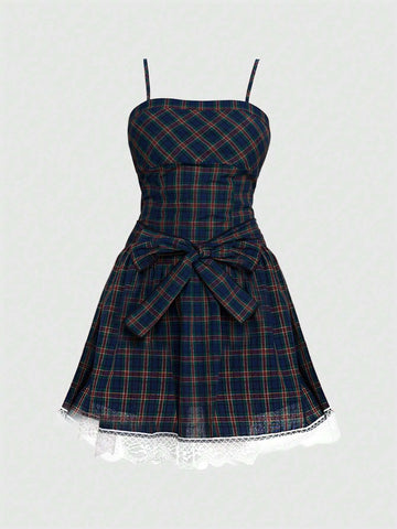 ROMWE Kawaii Cute Vintage Plaid Bow Tie Fitted A-Line Dress For Women
